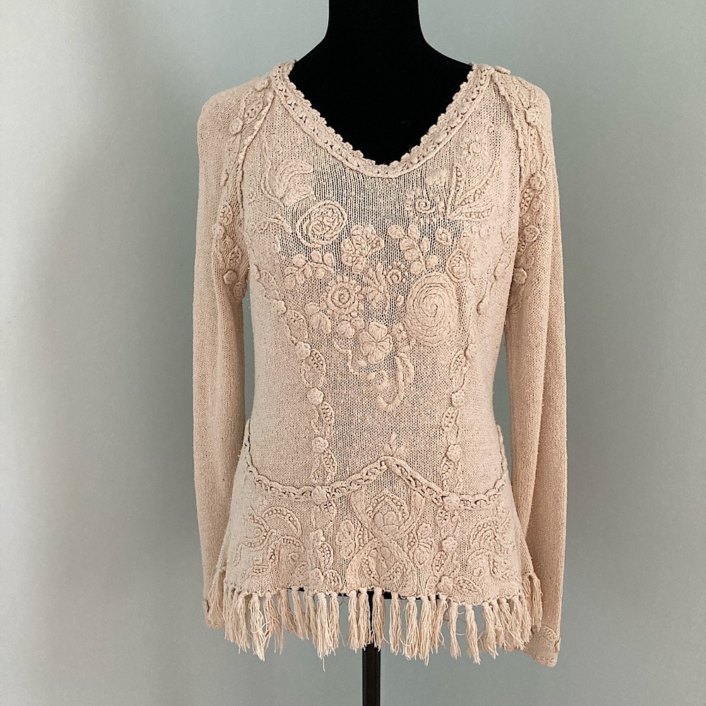 Pier 1 Imports Vintage Silk Blend Long-Sleeve V-Neck Sweater Beige Size Small